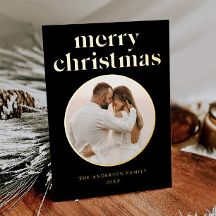 Minimalist Merry Christmas Photo Black and Gold Foil Holiday Card