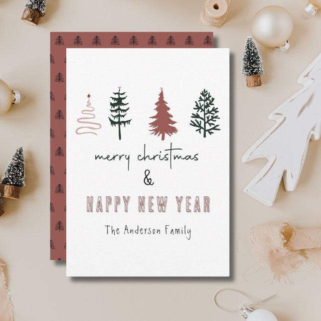 Minimalist Merry Christmas Retro Line Art Trees Holiday Card (Creator Uploaded)