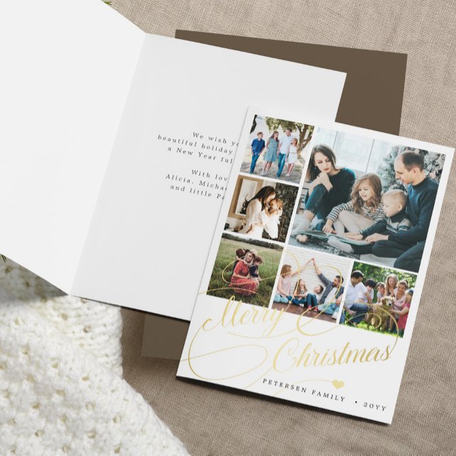 Minimalist Merry Christmas script 6 photo collage Holiday Card (Creator Uploaded)