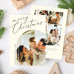 Minimalist Merry Christmas Script Five Photo Beige Holiday Card