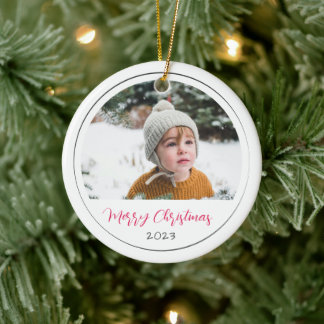 Minimalist Merry Christmas Script Photo Ceramic Ornament