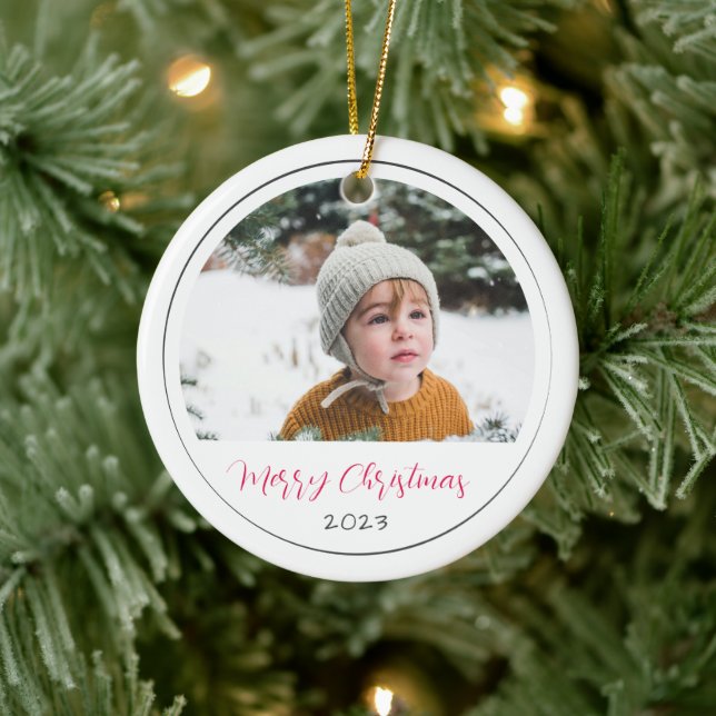 Minimalist Merry Christmas Script Photo Ceramic Ornament (Tree)