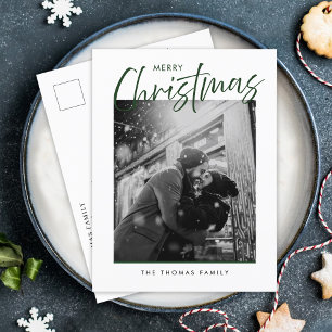 Minimalist Merry Christmas Simple Green Photo  Holiday Postcard