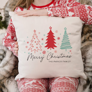 Minimalist Merry Christmas Tree Family Name Cushion