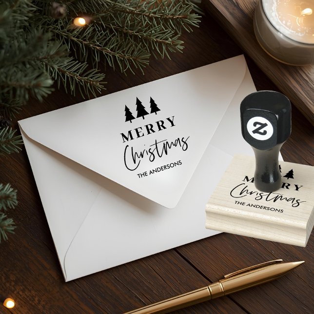 Minimalist Merry Christmas Tree Personalized Rubber Stamp (Creator Uploaded)