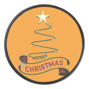 Minimalist Merry Christmas Tree with Star Design Hockey Puck