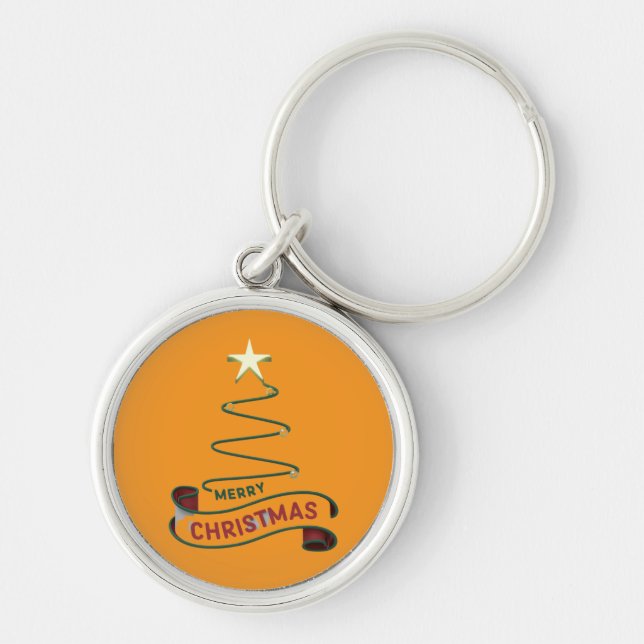 Minimalist Merry Christmas Tree with Star Design Key Ring (Front)