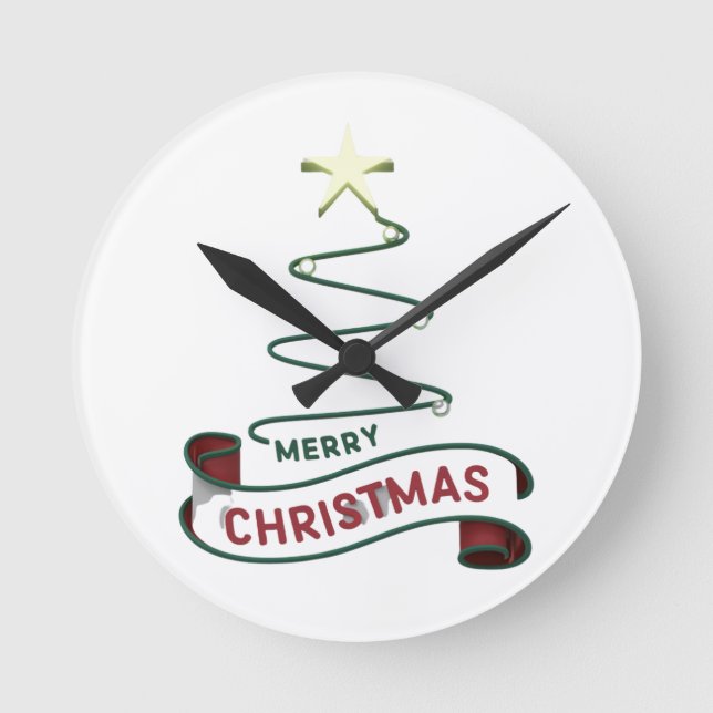 Minimalist Merry Christmas Tree with Star Design Round Clock (Front)