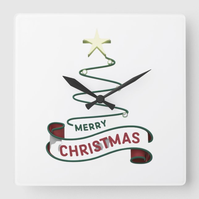 Minimalist Merry Christmas Tree with Star Design Square Wall Clock (Front)