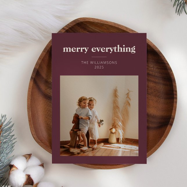 Minimalist Merry Everything Custom Photo Burgundy Holiday Card (Creator Uploaded)