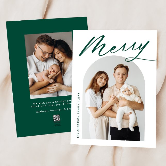 Minimalist Merry Green Script 2 Photo Holiday Card (Creator Uploaded)