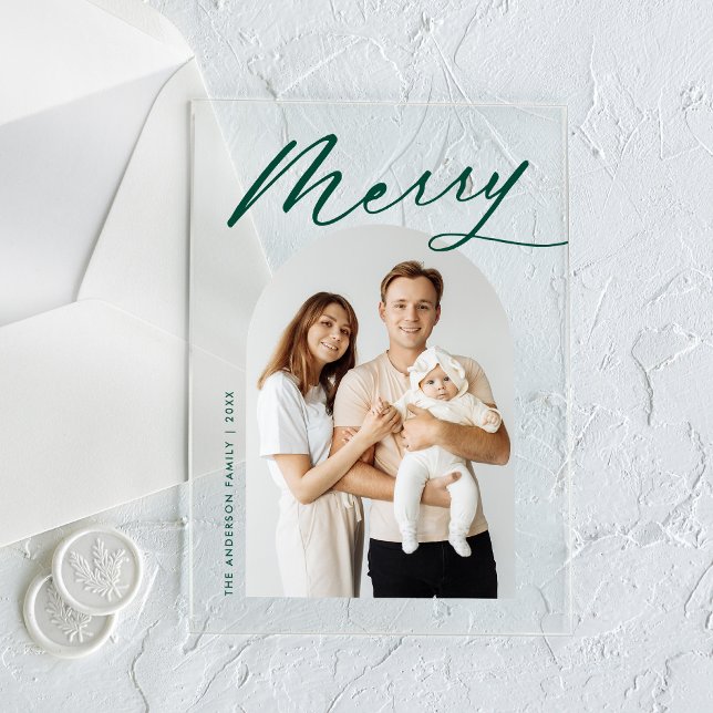 Minimalist Merry Green Script Arch Photo Holiday Acrylic Invitations (Creator Uploaded)