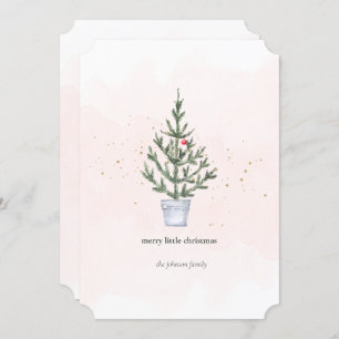Minimalist Merry Little Christmas Tree Watercolor  Holiday Card