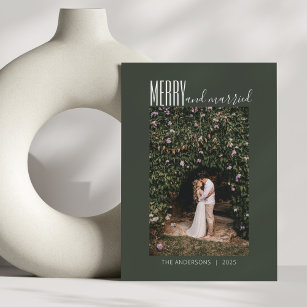 Minimalist Merry Married Wedding Photo Dark Green Holiday Card