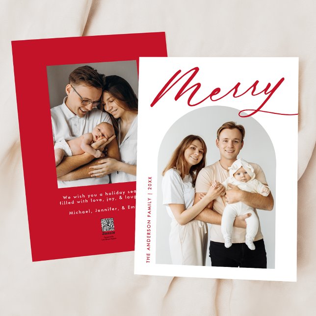Minimalist Merry Red Script 2 Photo Holiday Card (Creator Uploaded)