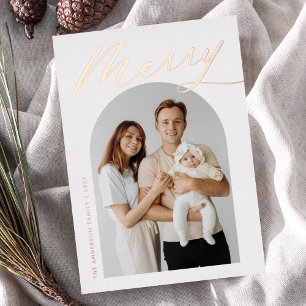 Minimalist Merry Rose Gold Script 2 Photo Foil Holiday Card
