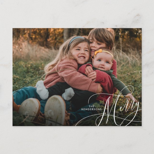 Minimalist Merry Script Holiday Photo  Postcard (Front)
