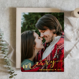 Minimalist Merry Script Photo Holiday Foil Card