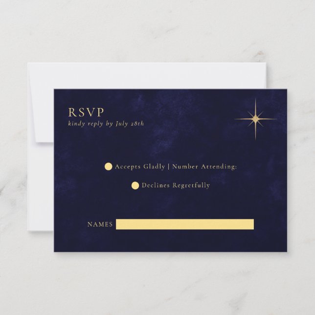Minimalist Midnight Celestial Gold Stars Wedding RSVP Card (Front)
