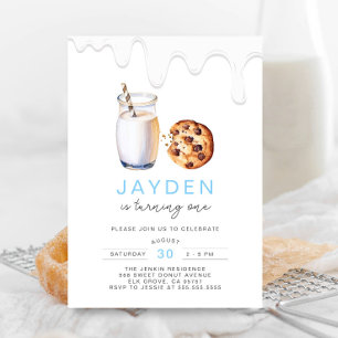 Minimalist Milk And Cookies Blue Boy Birthday Invitation