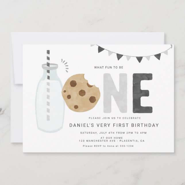 Minimalist Milk and Cookies First birthday Invitation (Front)