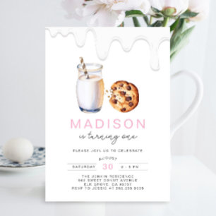 Minimalist Milk And Cookies Pink Girl Birthday Invitation