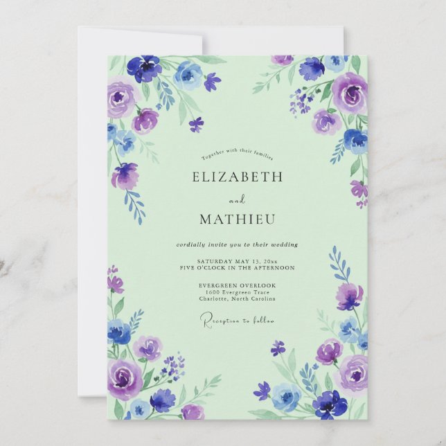 Minimalist Mint Amethyst Wildflower Wedding Invitation (Front)