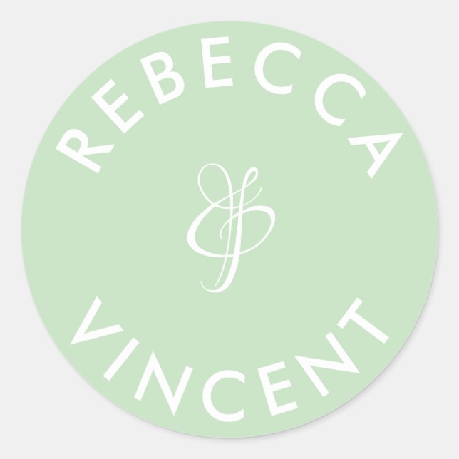 Minimalist Mint Green Wedding Personalized Names Classic Round Sticker (Front)