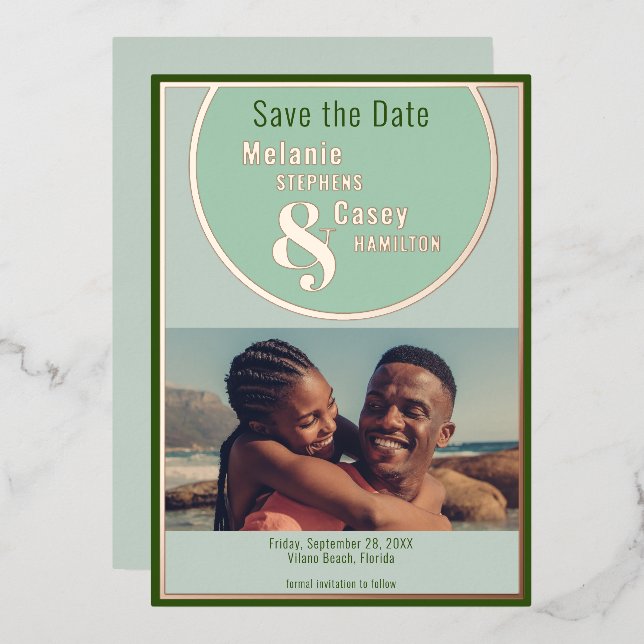 Minimalist Mint Green with Foil Save the Date Card (Front/Back)