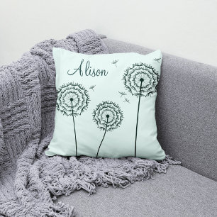 Minimalist Mint White Dandelion Flowers Name  Cushion