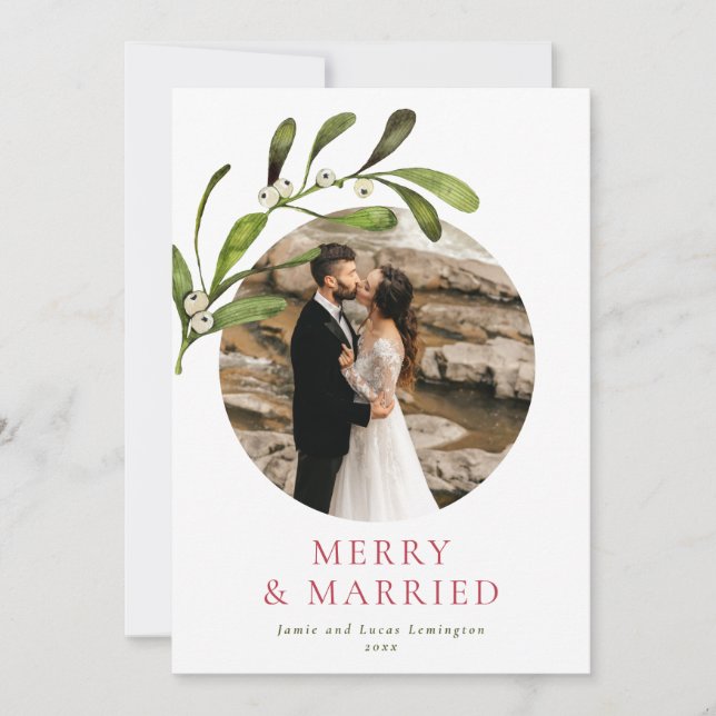 Minimalist Mistletoe Merry & Married Photo Holiday Card (Front)