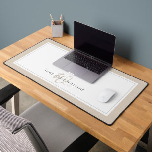 Minimalist Mocha Brown Script Two Border Monogram Desk Mat