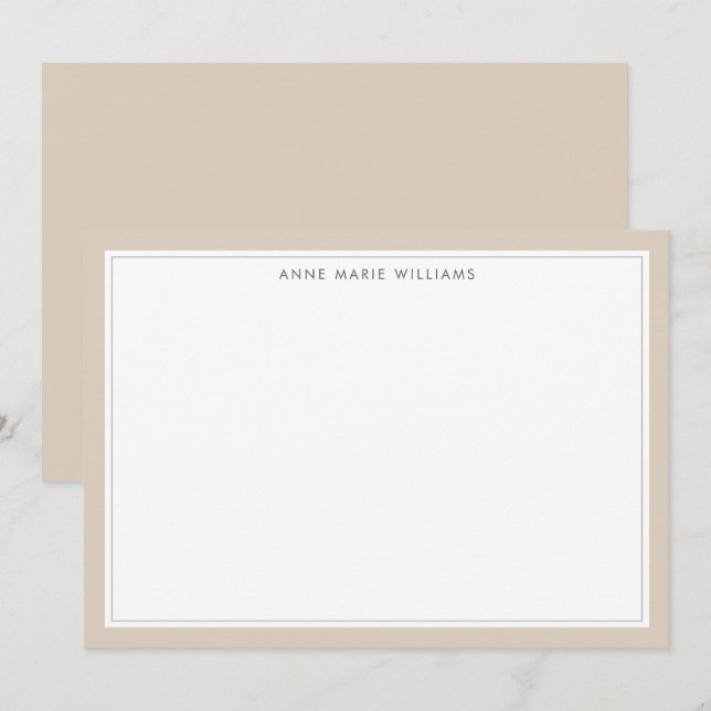 Minimalist Mocha Brown Two Border Name Note Card (Front/Back)