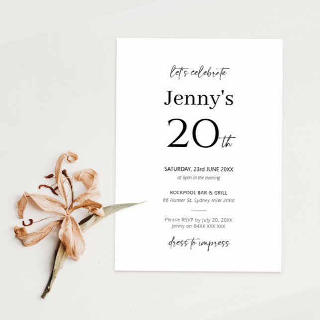 Minimalist Modern 20th Birthday Party Invitation (Creator Uploaded)