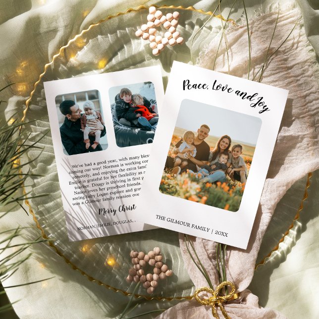 Minimalist Modern 3Photo Peace Love Joy Newsletter Holiday Card (Creator Uploaded)