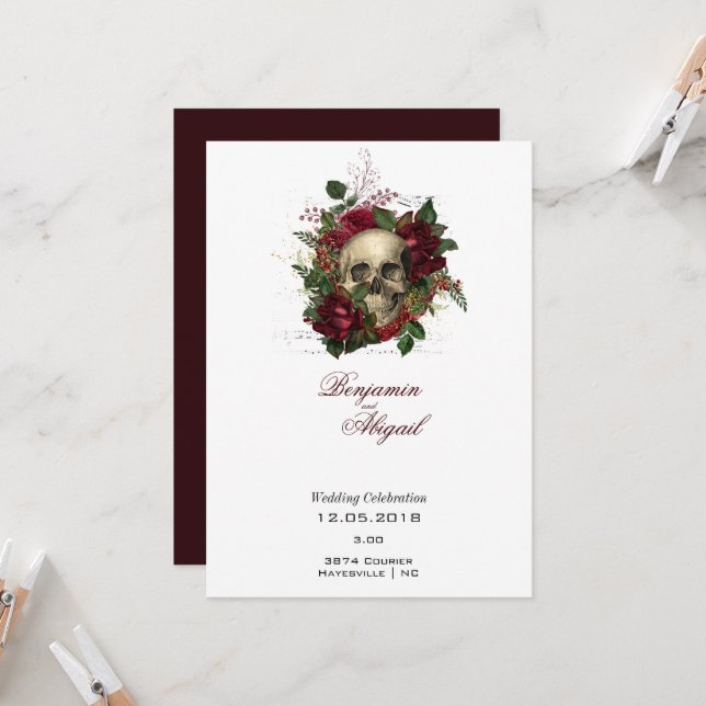 Minimalist Modern Anatomy Gothic Skull Floral Invi Invitation (Front/Back In Situ)