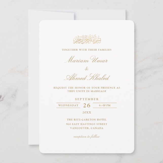 Minimalist Modern Basic Gold Script Muslim Wedding Invitation (Front)