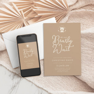 Minimalist Modern Beige Bear Neutral Baby Shower Invitation