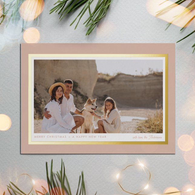 Minimalist Modern Beige Pink 1 Photo Real  Foil Holiday Postcard (Creator Uploaded)