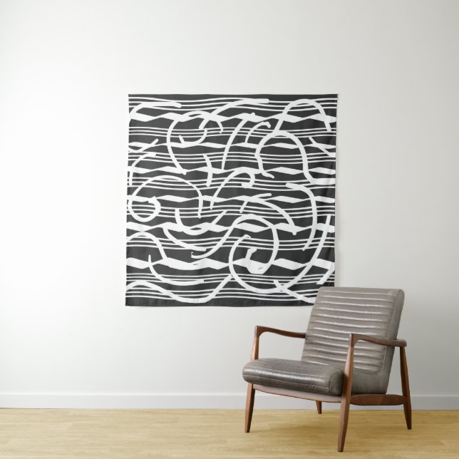 Minimalist Modern Black and White Abstract art Tapestry (In Situ)