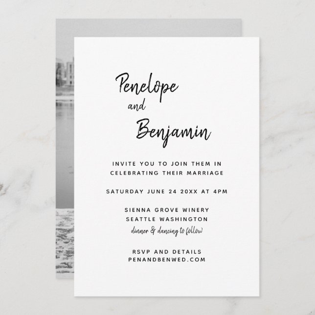 Minimalist Modern Black and White Photo Wedding Invitation (Front/Back)