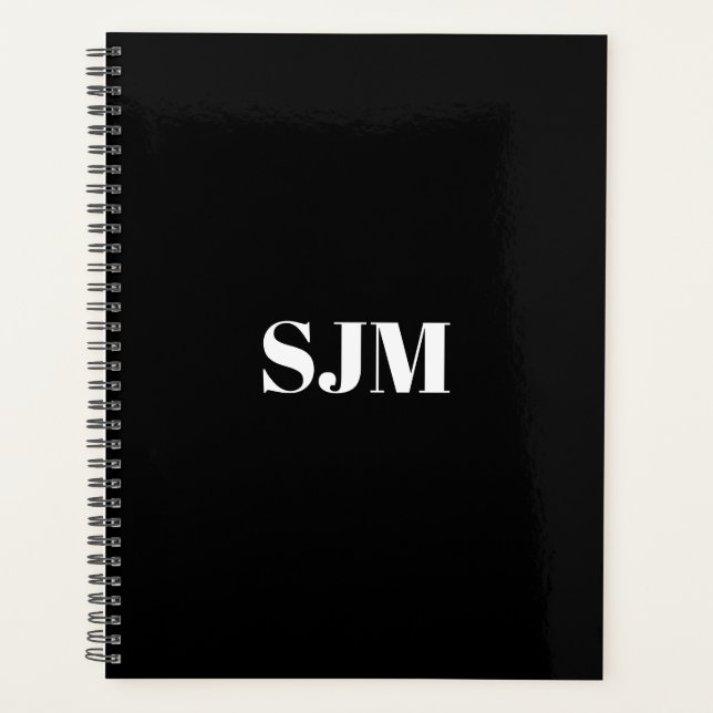 Minimalist modern black custom monogram initials planner (Front)