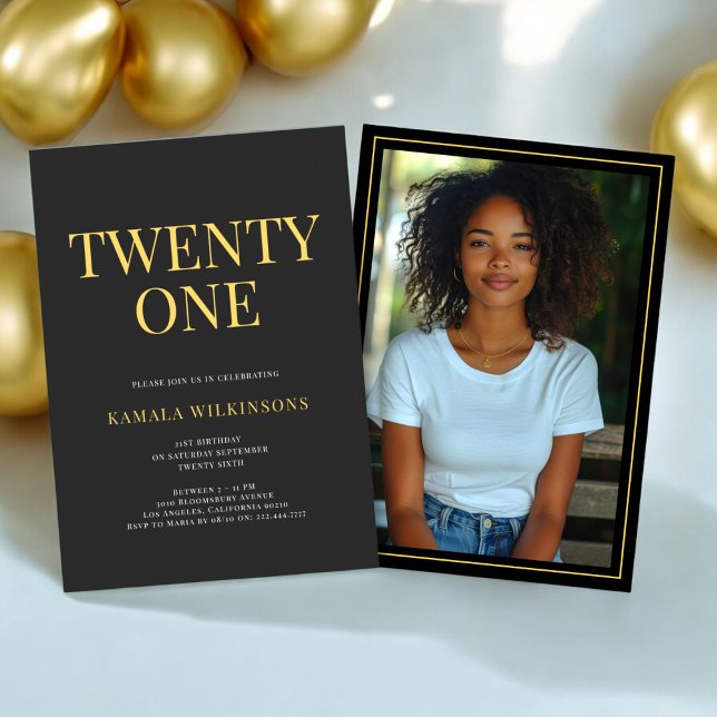 Minimalist modern Black Gold  photo 21st Birthday  Invitation (modern 21st birthday invitation in black and gold with a photo on the back )