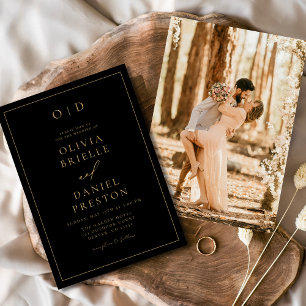Minimalist Modern Black Gold Photo Wedding Invitation