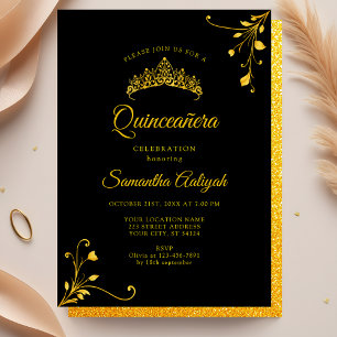 Minimalist Modern Black Golden Quinceanera Invitation