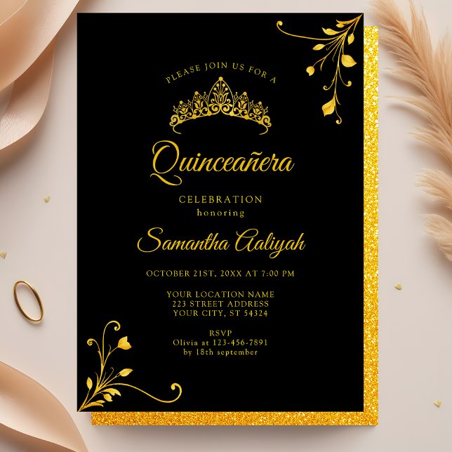 Minimalist Modern Black Golden Quinceanera Invitation (Creator Uploaded)