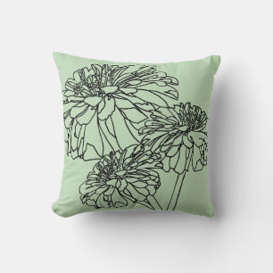 Minimalist modern black line floral drawing green cushion