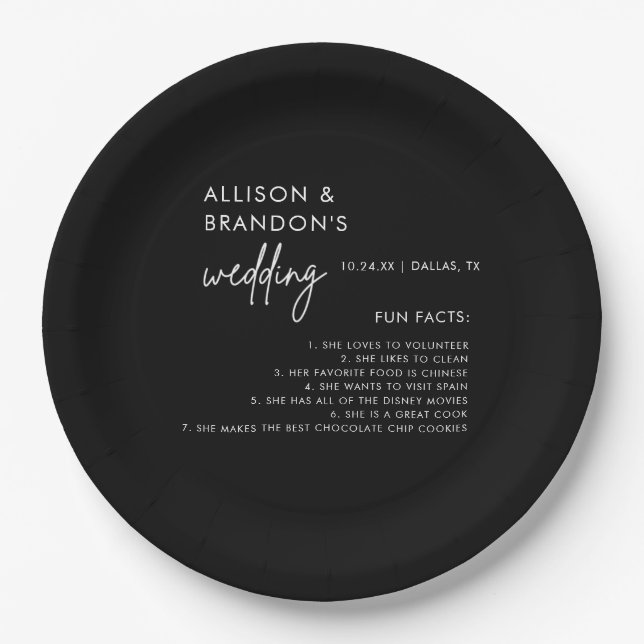 Minimalist Modern Black Wedding Fun Facts Paper Plate (Front)