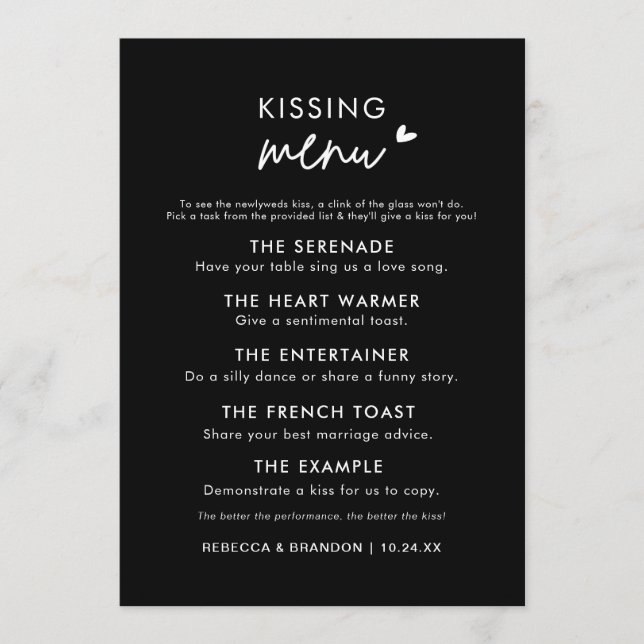 Minimalist Modern Black Wedding Kiss Menu (Front)