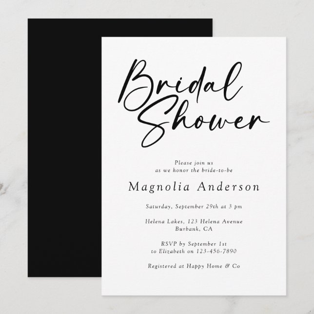 Minimalist Modern Black White Bridal Shower Invitation (Front/Back)